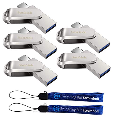 SanDisk 64GB Flash Drive Ultra Dual Drive Luxe (Bulk 5 Pack) USB Type-C for Smartphones, Tablets, and Computers - High Speed USB 3.1 (SDDDC4-064G-G46) Bundle with (2) Everything But Stromboli Lanyards