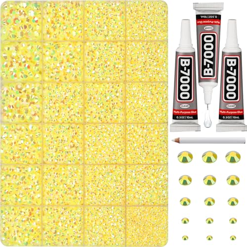 30000Pcs Resin Jelly Rhinestones Set for Crafting Bedazzling, Yellow AB Flatback Gems Jewels for Crafts Clothes Shoes Fabric Outfit Nails Makeup, Flat Back Crystal 2-6mm with b 7000 Glue