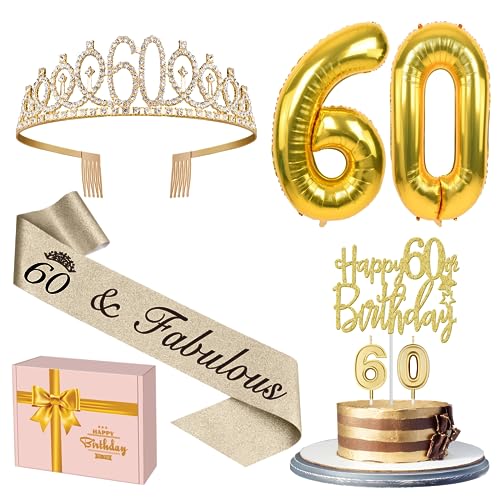 60th Birthday Decorations for Women Gold with 60th Birthday Sash and Tiara, Cake Topper and Candles,Number Balloons, 60 Year Old Gifts for Women
