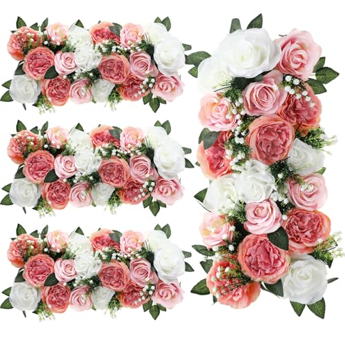 Thiccywoov 4 Pcs Wedding Arch Artificial Flower Panels Centerpieces for Tables Faux Floral Rose Silk Roses Arrangements Flower for Wedding Wall Party Dinintable Centerpiece Decoration (Pink and White)