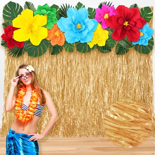 Tingjoo 35 Pcs Luau Grass Backdrop with Paper Flowers Decorations Set 5.9ftx3.3ft Grass Hawaiian Backdrop Hibiscus Flower Set Luau Party Decor Hawaiian Party Decorations Luau Party Tiki Bar Decor