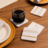 Cork & Mill Marble Coasters Set of 6 - Real Natural Stone - Luxury Aesthetic Square Coasters - Neutral White Marble with Gold Brass Inlay - Semi Absorbent Stone