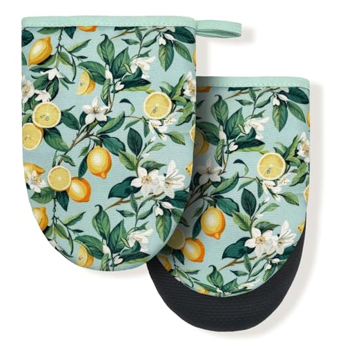 Lemon Yellow Floral Teal Mini Silicone Oven Mitts, Heat Slip Resistant Kitchen Gloves 2-Pack Set, Soft Short Small Oven Mittens Pot Holders for Baking Grilling Barbecue Microwave Gift