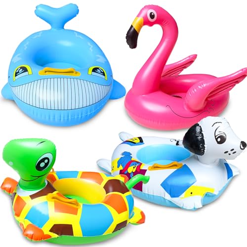 4 Pack Inflatable Pool Floats for Toddler Age 1-4 Animal Swim Tube Rings for Kids Infant Baby Ride on Beach Floaties with Safety Seat&Handle for Summer Lake Pool (Flamingo, Turtle, Whale, Dalmatian)