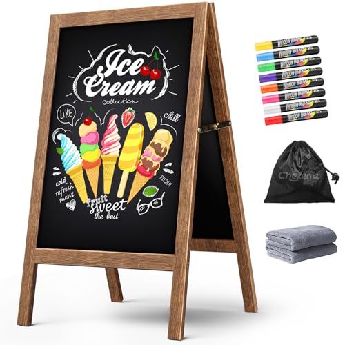 Chezerra A Frame Chalkboard Sign, 40"x20" Extra Large Sidewalk Chalk Board, Wooden Standing ChalkBoards Set with Markers, Double-Sided Magnetic Blackboard for Cafés, Weddings, Party Guide, Brown
