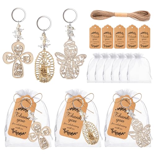 VZCBZC 240 Pcs Key Ring Cross Wooden Keychain with Organza Gift Bags -60 Sets Ideal Favor First Communion Favors for Guests