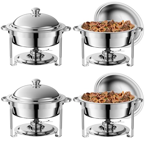 4 Pack Round Chafing Dish Buffet Set,Stainless Steel 8QT Round Buffet Servers and Warmers, Thick Stand Frame Catering Chafe with Mirror Covers,Food Warmer for Party, Weddings,Picnic