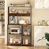 SUPERJARE Bakers Rack with Power Outlet, 35.4 Inches Coffee Bar with Wire Basket, Kitchen Microwave Stand with 6 S-Shaped Hooks, Open Storage Shelves, Rustic Brown