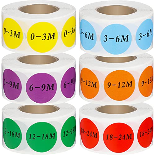 3000 Pieces Baby Size Stickers 4/5 Inch Round Self Adhesive Size Stickers for Retail Store Clothing Apparel Baby Clothes, 6 Color (0-3, 3-6, 6-9, 9-12, 12-18, 18-24 Months)