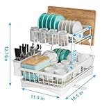 7 code Large Dish Drying Rack, 2-Tier Dish Racks for Kitchen Counter, Detachable Large Capacity Dish Drainer Organizer with Utensil Holder, Dish Drying Rack with Drain Board, White