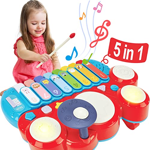 Baby Musical Toys, 3 in 1 Piano Keyboard Xylophone Drum Set for 1 Year Old Girls Toys, Learning Toys for Toddlers 1-3, Baby Piano 12-18 Months - 1 2 3 4 Year Old Girl Toys Birthday Gift