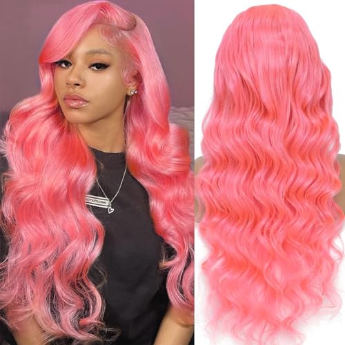 30 Inch Pink Lace Front Wig Human Hair Pink 13x6 Body Wave Lace Frontal Wigs Human Hair Pre Plucked 180% Density Hot Pink HD Lace Frontal Wig Human Hair for Women Pink Color Wear and Go Glueless Wigs