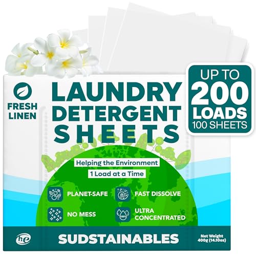 Sudstainables Laundry Detergent Sheets (200 Loads) – Eco-Friendly, Zero Waste, Plastic-Free Laundry Washing Machines Soap Sheets; Dissolvable, Space-Saving Strips for Travel (Fresh Linen)