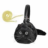 HUIJUFU Realistic Puffy Plush Cat Shaped Crossbody Handbag for Women（Black Cat）