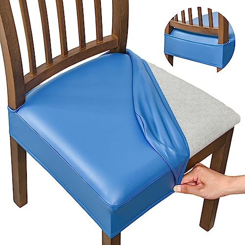 NILUOH Waterproof Seat Covers for Dining Room Chairs Set of 6, Pu Leather Chair Seat Slipcovers Dining Chair Cover Removable Washable Chair Protctor Cover, Rear Covers (PU-Dark Blue)