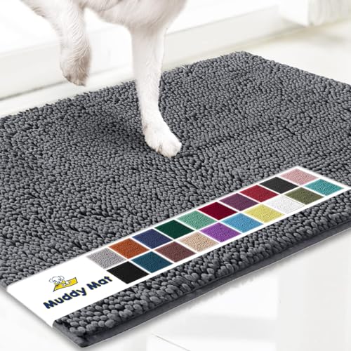 Muddy Mat® Shown on TV – Super Absorbent Microfiber Dog Door Mat for Muddy Paws, Non-Slip Washable Pet Rug, Quick Dry Chenille Entryway Carpet, Machine Washable Indoor Outdoor mat, Grey 30"x19"