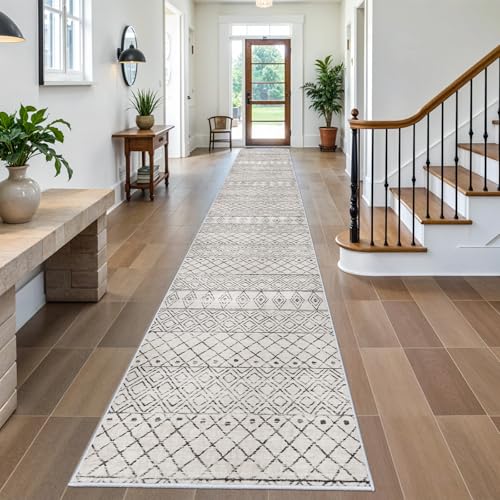 BYYVOO Washable Runner Rug 3x20 - Extra Long Runner Rugs for Hallways Low Pile Rug with Rubber Backing Floor Mat Non Slip Moroccan Indoor Carpet for Kitchen Bedroom Entryway 3x20 Geo Grey