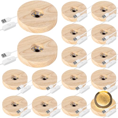 Tideme 16 Pcs Wood Light Display Base, Small Round Lamp Base Crystal Sphere Pedestal Stand for Laser Glass 3D Resin Art LED
