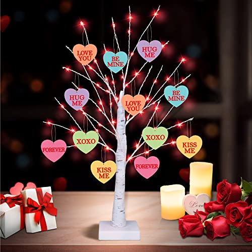 [Timer] Valentines Day Decoration 24 Inch Valentines Decor Tree Light with 12 Heart Ornaments, USB/Battery Operated Valentines Day Decor Lighted Tree, Valentines Day Decorations for Home Table Bedroom