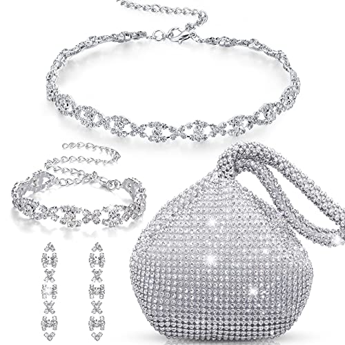 MTLEE 4 Pieces Rhinestone Necklace Choker Bracelet Earring Clutch Purses Jewelry Set Women Crystal Triangle Bling Diamond Purse Rhinestone Bag for Wedding Party (Silver)