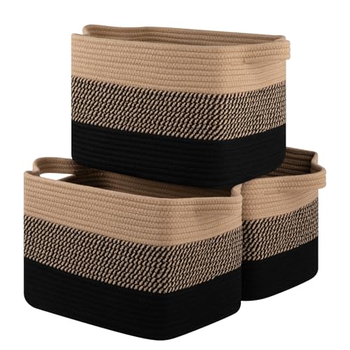 OIASKET Storage Basket for Organizing, Woven Baskets for Storage, Rectangle Decorative Baskets for Shleves, Closet, Toys, Books, Nursery Organizer Bins - Pack of 3 (Black & Brown)
