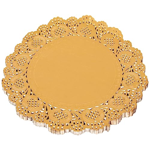 Amkoskr 200 Pcs 12 Inch Round Lace Gold Paper Doilies Gold Foil Paper Placemats Doily Paper Pad for Cakes Crafts Party Weddings Tableware Decor