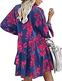 FANCYINN Womens Floral Shift Tunic Dress Long Sleeve Cover Up V Neck Ruffle Swing Chiffon Floral Prints Mini Dress Red Flower Pockets XL