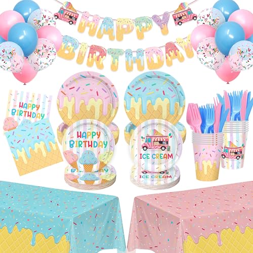 321Pcs Ice Cream Party Supplies for 50 Guests, Include Plates and Napkins, Cups, Forks, Knives with Banner, Tablecloths, Balloons, Ice Cream Theme Birthday Decorations