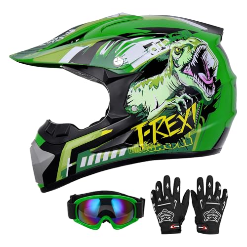 Oumurs DOT Youth Dirt Bike Helmet with Goggles & Gloves for 5-14 Years Old, Kid ATV Helmets for Youth Boys Girls, Four Wheeler Helmet, Motocross BMX MX UTV Offroad Street Go Kart Dirt Bike Dinosaur