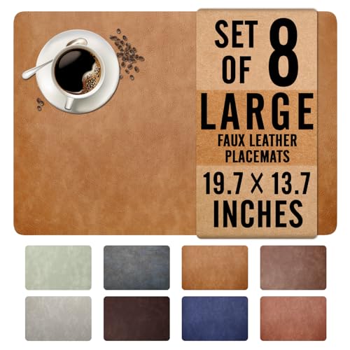 UnivoColors Washed Cowhide Pattern Faux Leather Big Size Placemats Set of 8, Waterproof Easy to Clean Anti-Slip PU Table Mats for Party Decoration19.7″×13.6″,Camel Retro Cowhide Pattern
