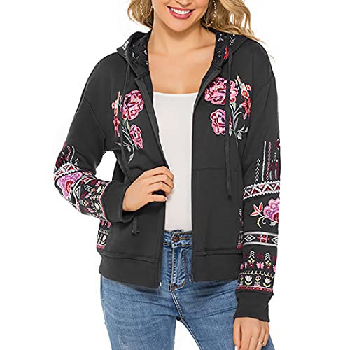 AK Zip Up Hoodies for Women Jacket Long Sleeve Sweatshirt Floral Embroidered Hoodie Mexican Casual Tops Fall Outfits Winter Coat Black