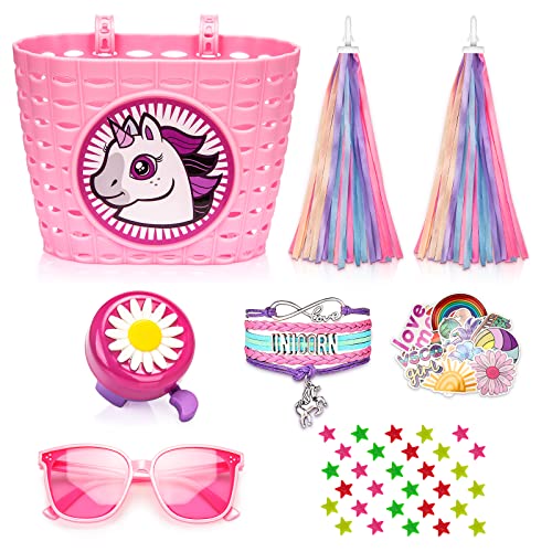 Suerico Kids Bike Basket for Girls,Handlebar Bicycle Basket with Unicorn Bracelet,Bike Bell, Streamers, Stickers,Riding Sunglasses,Bike Decoration Accessories Set for Girls