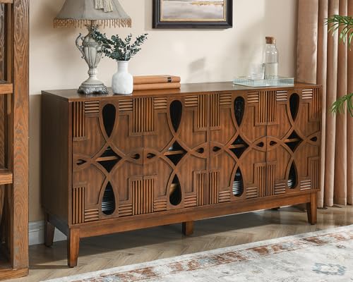 LKTART 60" Mid Century Modern Sideboard Buffet Cabinet with Hollow Carved Doors and Outlet Holes,Vintage Accent Cabinet Credenzas Storage Cabinet Walnut