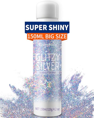 Body Glitte Spray, 150ML Silver Glitter Spray for Hair and Body, Long-Lasting and Quick-Drying Holographic Glitter Hairspray for Kids Women, Body Shimmer Festival Rave and Makeup 4.2 Fl Oz