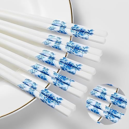 Chopsticks Reusable Ceramic 5 Pairs Porcelain Chopsticks Dishwasher Safe,High-grade Bone Blue Peony