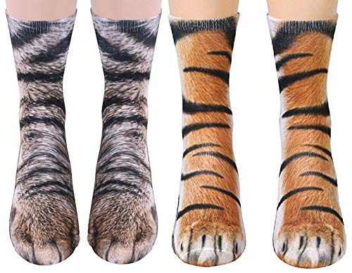 2 Pairs 3D Socks Unisex Adult Big Kids Animal Paw Crew Socks - Sublimated Print (Cat+Tiger)