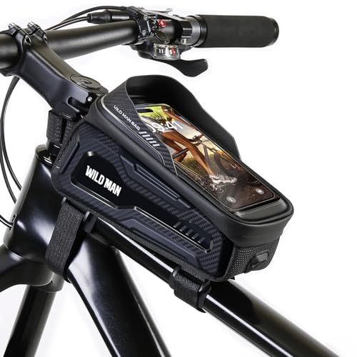 WILD MAN Bike Phone Bag Bike Pouch Top Tube Bag Bicycle Front Frame Bag Waterproof Bike Bag Phone Holder Compatible with 6.5”(Black)