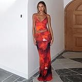 ksotutm Maxi Skirt Set Floral Print Halter Top Maxi Skirt Sexy Going Out Outfits for Women Orange