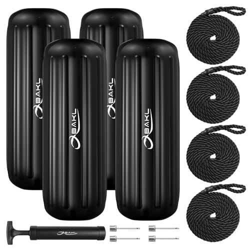 OBAKL Boat Fenders 4 Pack 10 x 28 Inches Ribbed Center Hole Boat Fenders Bumpers for Docking, Comes with Ropes and Pump to Inflate(Black)
