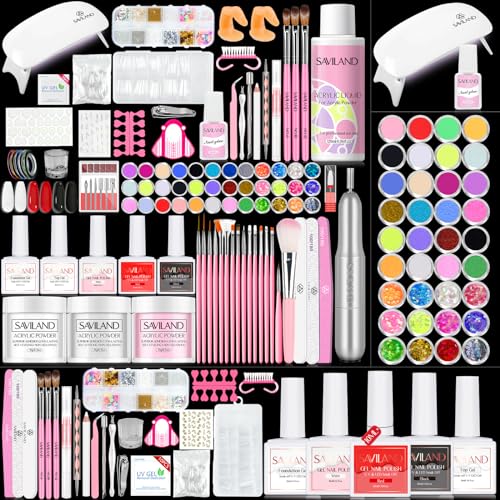 SAVILAND Acrylic Nail Kit with U V Light – Acrylic Nail Set Christmas Gift Set with Acrylic Powder and Liquid Set Acrylic Nail Brush Practice Finger Portable Nail Drill for Nails Kit Set for Home DIY