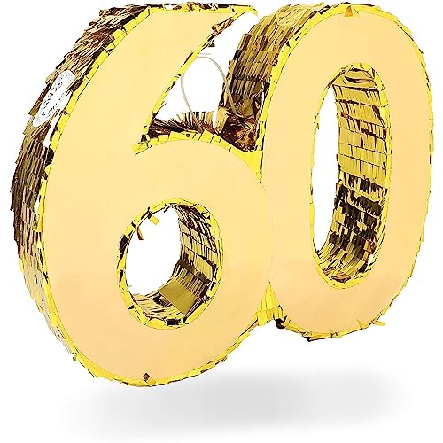 60th Gold Foil Pinata Number for Birthday and 60 Year Diamond Anniversary Party Supplies Decorations, 16.5 x 13 x 3 inches