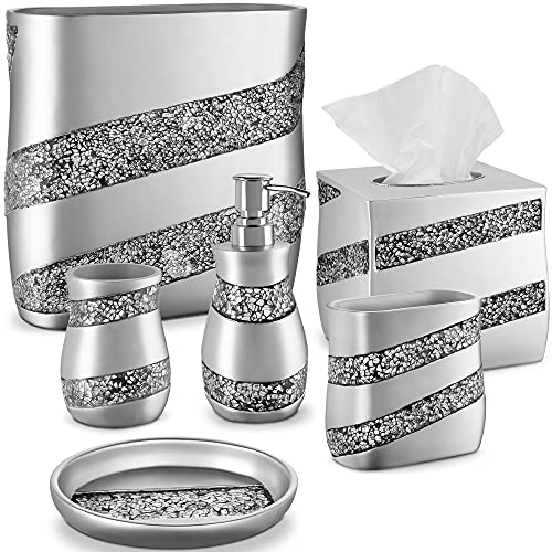 Creative Scents Silver Mosaic Bathroom Accessories Set Complete - 6 Piece Bathroom Set Includes: Bathroom Trash Can, Tissue Cover, Soap Dispenser, Toothbrush Holder, Tumbler & Soap Dish