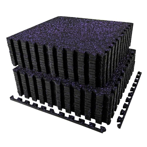 0.56in Thick 96 Sq Ft Exercise Equipment Mats, 24 Tiles Upgraded Rubber Top with High Density EVA Foam, Large Interlocking Puzzle Gym Flooring for Home Gym, Heavy Weight Workout, Black & Purple
