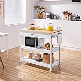 Yaheetech 40" Width Kitchen Island Cart on Wheels, 3 Tiers Rolling Utility Cart with Solid Wood Top and Drawer & 2 Spacious Storage Shelf, Serving Trolley for Dining Room, White