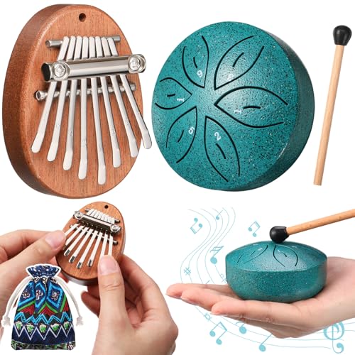 Maasechs 2 Pcs Mini Musical Instruments Mini Kalimba and Rain Drum with Drumstick 8 Keys Finger Thumb Piano and 6 Notes Steel Drum for Graduation Nurse Gift Adult Beginners(Dark Green)
