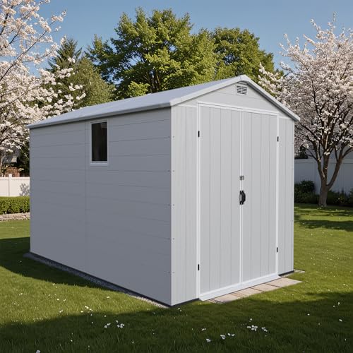 Patiowell 6 x 10 FT Plastic Outdoor Storage Shed with Floor, Resin Outside Tool Shed with Two Windows and Lockable Door for Garden, Backyard, Tool Storage Use, Easy to Install, Light Grey