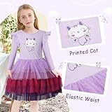 VASCHY Purple Cat Dress for Girls, Tulle Dress Cotton Ruffle Sleeve Princess Birthday Party Outfit Clothes,Toddler/Little/Big Kid Girls 5T