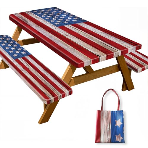 YPHCDO Picnic Table Cover with Bench Covers American Flag Waterproof Windproof Fitted Outdoor Tablecloth with Elastic Rectangle Table Cloth Camping Accessories,72x30 Inch
