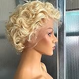 afsisterwig Short Pixie Cut Disposable Curly Styled Bob Wig 613 Blond Hair Glueless Brazilian Virgin Human Hair Lace Front Wigs Pix Style Pre Plucked Hairline with Baby Hair 6-8 Inch(13X4 613 Blonde)