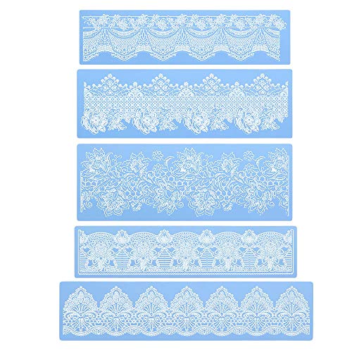 Beasea Silicone Lace Mold, 5pcs Lace Fondant Molds Cake Lace Molds for Cake Decorating Lace Mat Flower Pattern Molds Sugar Craft Tools - Blue